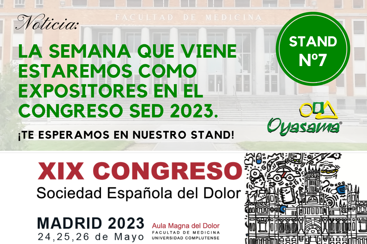 Noticia con el anuncio de la presencia de Oyasama en el XIX Congreso SED Dolor 2023 de Madrid